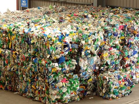 Baled plastic at a waste processing plant