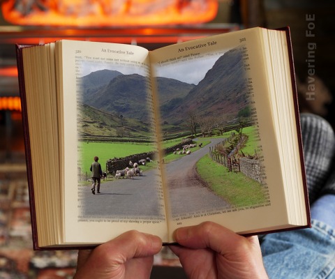 Country scene overlaid on fireside book